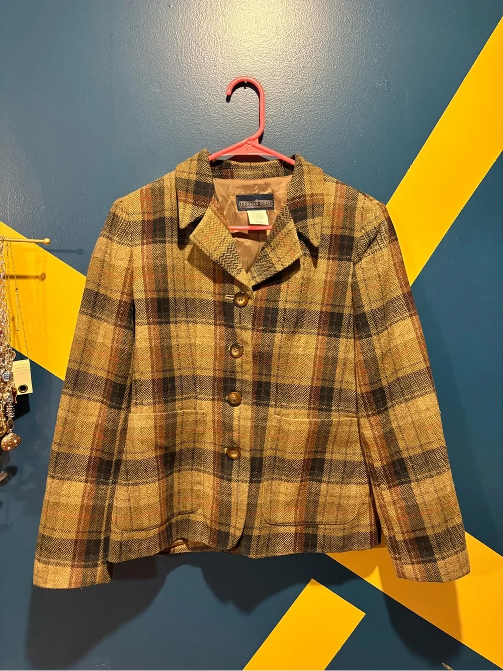 Vintage Herman Geist Brown Plaid Wool Blend Blazer EUC